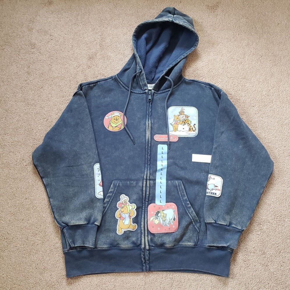 Disney Winnie the Pooh Full Zip Hoodie Washed Navy Embroidered Patchwork Size L